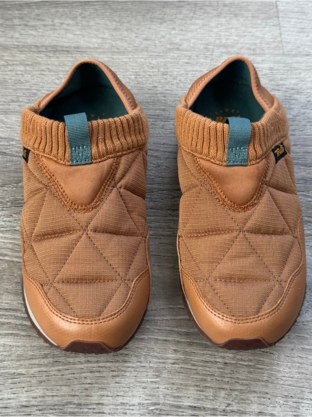 Teva ReEmber Quilted Tan Slip-On Loafers with Blue Pull Tab